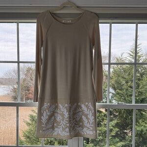 Bailey 44 Beige Long Sleeve Dress with White Floral Design